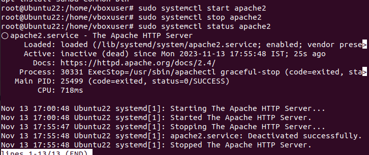 systemctl start / stop apache2 server